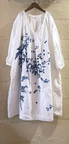 45r上質リネン捺染インディゴプリントワンピース62700円ゆったり新品同様