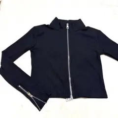 ☆美品☆ ブラック リブ編み ハイネックパーカー 肩パット付き
