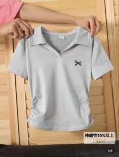 ティーンガールズのリボン付きプリントニットVネックTシャツ(グレー)(11Y)