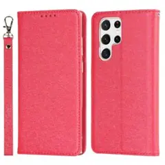 Galaxy S22 Ultra ケース 手帳 ストラップ付き レッド