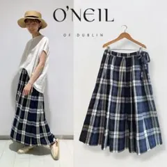 極美品☆オニールオブダブリン ドロータックスカート リネン チェック ネイビー