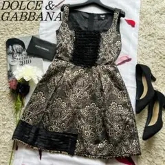 【美品】DOLCEu0026GABBANA 総柄ワンピース 膝丈 フレア ゴブラン 40