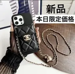 新品☆CCロゴ付きiPhone16ケース　チェーン付き　高級感　本革　ブラック