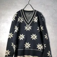 【ヴィンテージ】レトロ 激レア 総柄 Vネックニット 古着 used AS52