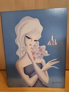湯川輝義 花束を持つ娘 絵画 人物画 美人画 水晶画 額装入り