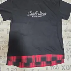 Earth diver 刺繍ロゴ Tシャツ 黒/赤チェック 150cm