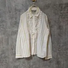 【美品】FOUACE 長袖シャツ ストライプ フリル装飾 トップス Lサイズ