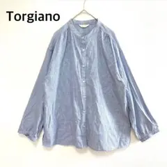 美品✨️トレジャーノ【L】長袖シャツ ブラウス 千鳥格子柄 バンドカラー 青