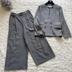 【セットアップ】リネン混　ダブルノーカラージャケット＆ワイドパンツ　グレー　M