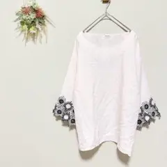 タグ付き ハリータ 【L】 ブラウス 刺繍レース 五分袖 ノーカラー ピンク