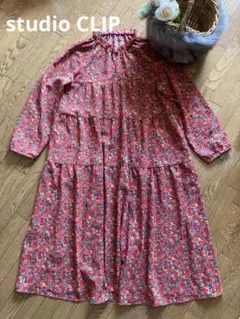 【美品】studio CLIP 花柄フリルネックロングワンピース