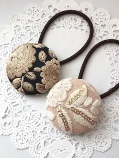 インド刺繍 くるみボタン38㎜ ヘアゴム 2個セット L