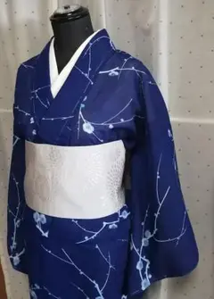 夏着物 単衣 絽 ポリエステル 洗える着物　 　紺色地に梅の枝柄