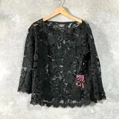 mocassin　カットソー　長袖　ブラウン　レース　花柄　ポリエステル