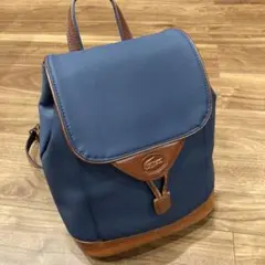 【美品】LACOSTE ラコステ 本革×ナイロン リュック ネイビー 型押ロゴ
