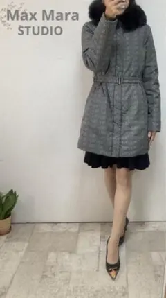 極美品 マックスマーラスタジオヘリンボーン柄ファー付ダウンジャケット40