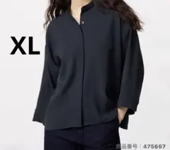 匿名配送 未使用 ユニクロ ドレープブラウス ネイビー 7分袖 バンドカラーXL