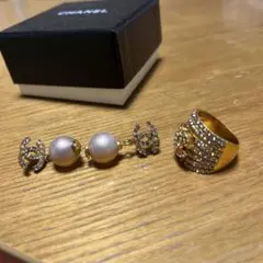 CHANEL シャネル ラインストーンパールピアスとリングのセット
