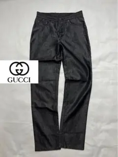 【訳アリ美品】GUCCI 光沢 ブラックデニム レザーパンツ風
