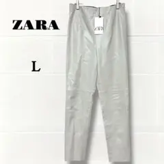 ザラ　フェイクレザースリムパンツ L アイボリー　ウエストゴム　テーパード　無地