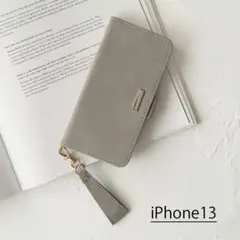 手帳型　iPhone13 ケース　ウォームグレー　ストラップ付