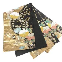 正絹 黒地 辻が花模様織り出し袋帯 振袖