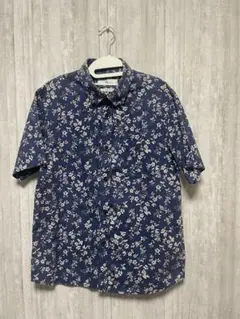 MAJUN ネイビー フラワープリント 半袖アロハシャツ　slimＬ