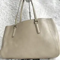 良品◎HIROFU ヒロフ シボ革 トートバッグ ベージュ 肩掛け可 Hロゴ