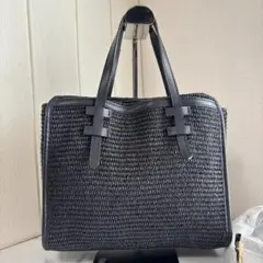 【美品】IACUCCI　イアクッチ　2wayかごトートバッグ　ラフィア×本革　黒
