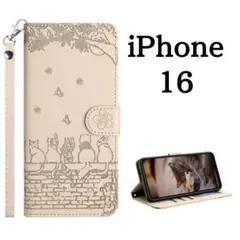 iPhone16 ケース 手帳型 猫柄 花柄 レザー ホワイト カバー ケース