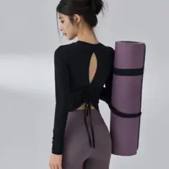 ヨガ　フィットネス　ウェア　トップス　ベリーダンス　パッド付　L　黒　レッスン着