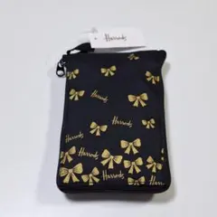 ハロッズ Harrods　ロゴ リボン柄 折りたたみ エコバッグ 黒×ゴールド