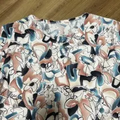 抽象花柄 五分袖ブラウス