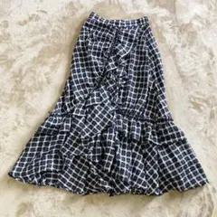 【美品】FUR FUR ランダムフリルスカート チェック ネイビー アシメ