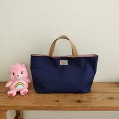 ハンドメイド☆　ミニトートバッグ・手提げ　裏地くすみピンク　帆布　ネイビー♬