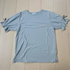 リボン付きパフスリーブ Tシャツ ライトブルー