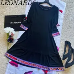 【美品】LEONARD 膝丈ワンピース ブラック 切り替え 総柄 L ドレス
