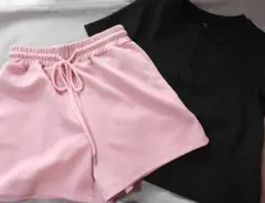 美品 SHEIN 畝ヘンリーネックT M＆畝ショートパンツピンク S セット✨️
