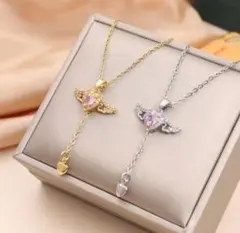 ピンク 【大人気】✨ネックレス サージカルステンレス ♡ハート天使 czダイヤ