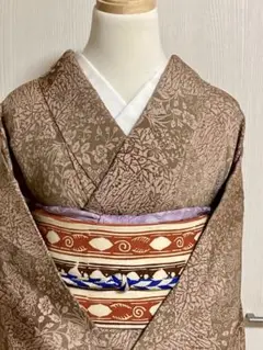 年末年始セール! 袷 小紋 鬼しぼ縮緬 型染め 鳥唐草模様 裄67cm 正絹