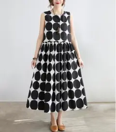 水玉 ノースリーブ ロングワンピース マタニティ ドット モノトーン 白黒