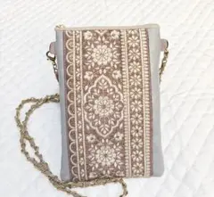 セール　インド刺繍リボン　スマホポーチ　ピンク　　ポシェット　合皮　サコッシュ