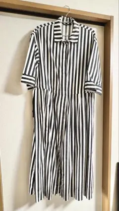 marimekko 半袖シャツワンピース 36 白黒ストライプ