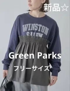 Green Parks ミニ裏毛異素材ドッキングロゴプルオーバー　ネイビーフリー