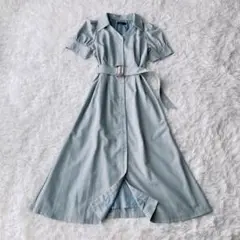 美品 スウィングル　ベルトワンピース 五分袖麻調Vネックシャツワンピース
