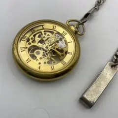 懐中時計 スケルトン 手巻き式 動作品 ノーブランド 金色 チェーン付き