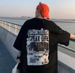 Tシャツ　綿　半袖 4L メンズ 黒 ロゴ　ストリート　韓国