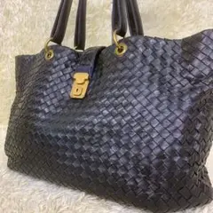 ボッテガヴェネタ イントレチャート ローマ ハンドバッグ 金具 レザー 黒