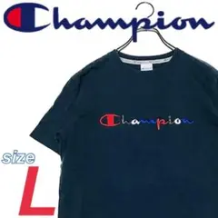 Champion 刺繍ロゴTシャツ ネイビー Lサイズ トリコロールロール