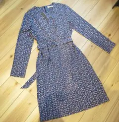 極美品 Tory Burch 長袖 総柄 ワンピース ベルト付き 青 ブルー L
